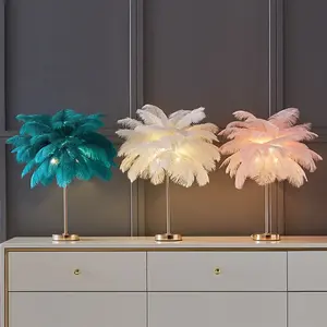 LED Remote Control Version of Ostrich Feather Table Lamp Wrought Iron Night Light Dandelion Lamp Copper Wire Feather Lamp