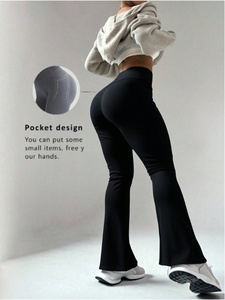 Pantalones de Yoga de Cintura Alta y Corte Acampanado para Mujer, Negros, con Cintura Elástica y Bolsillos, Ropa Deportiva Informal, Sin Costuras, de Spandex/Nailon, Sólidos y Sencillos - Product Image 3