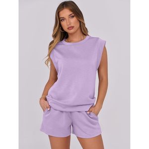 Conjunto de dos piezas para mujer, sin mangas, cuello redondo, pantalones cortos de punto transpirables, traje informal para primavera y verano - Product Image 3