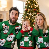 Pull tricoté de Noël imprimé hiver 100% acrylique chaud avec pompons 3D et 5 adorables chats Père Noël jacquard – Idéal pour les amoureux des chats et les fêtes