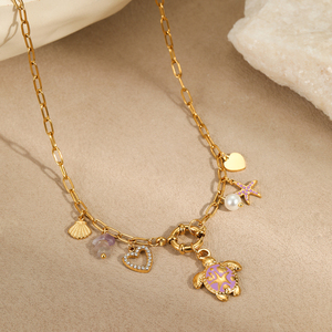 Sommerlicher Ozean-Schmuck – Süße Halskette mit Anhängern aus emaillierter Schildkröte, Seestern, Muschel, Herz und Naturstein – Geschenk für Mädchen – Edelstahl - Product Image 6