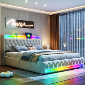 Gestoffeerd <span class=keywords><strong>Bed</strong></span> <span class=keywords><strong>160X200Cm</strong></span> Met Bluetooth Speakers, Meerkleurige Led-Lamp, Usb & Type-C Laadstation, Opbergruimte Met 4 Laden - Product Image 3