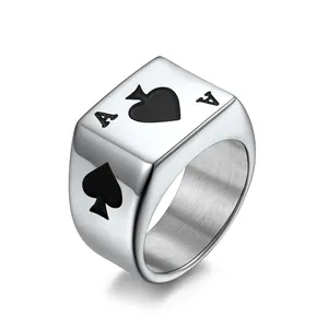 Ace of Hearts Ace of Spades Titanium Steel Square Signet Ring For Men's Lucky Punk Retro Biker Jewelry