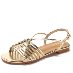 Elegant Gold Flat <b>Sandals</b> With Strappy Design Open Toe Patent Leather Summer Women Shoes Breathable Buckle Closure - Product Image 6