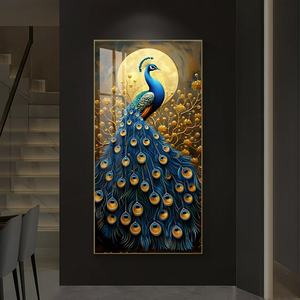 Décoration murale personnalisée en gros pour la maison : Peinture en porcelaine cristalline d'animal paon, impression HD, lumière LED, pour salon - Product Image 2