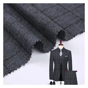 Custom 330gsm men formal poly viscose check suiting pants fabric yarn dyed woven tr spun melange plaid suit fabric for men