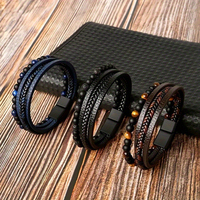 Pulsera de cuero multicapa Punk personalizada, brazalete de piedra Natural, brazaletes de joyería de moda geométrica para papá para el Día del Padre