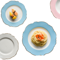 Assiettes de présentation en porcelaine céramique, ensembles de vaisselle, bordure élégante colorée, rebord ondulé doré, texture sous-glaçure lisse, durables, sans BPA