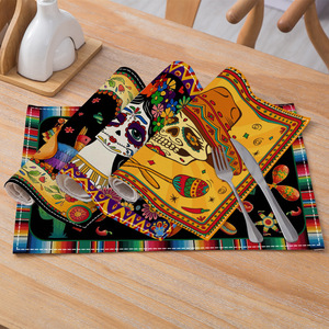 Decoración <span class=keywords><strong>de</strong></span> restaurante <span class=keywords><strong>Día</strong></span> mexicano <span class=keywords><strong>de</strong></span> los muertos Dibujos animados Color Rectangular Lino Aislamiento Pad Mantel estampado a rayas - Product Image 2