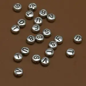 antique silver color plated DIY Flat Round vintage Zinc Alloy Alphabet jewelry Beads silver color 7x3.6mm 1580259