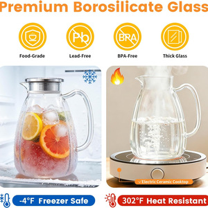 Grande <span class=keywords><strong>carafe</strong></span> <span class=keywords><strong>en</strong></span> <span class=keywords><strong>verre</strong></span> borosilicate résistant à la chaleur avec couvercle-filtre <span class=keywords><strong>en</strong></span> acier inoxydable, <span class=keywords><strong>carafe</strong></span> à eau côtelée <span class=keywords><strong>en</strong></span> <span class=keywords><strong>verre</strong></span> pour thé glacé - Product Image 4