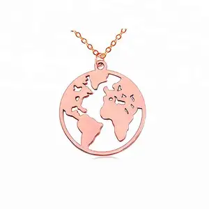 Charming Fine Jewelry Gifts 925 Sterling Silver Rose Gold Plated Round World Continents Map Necklace