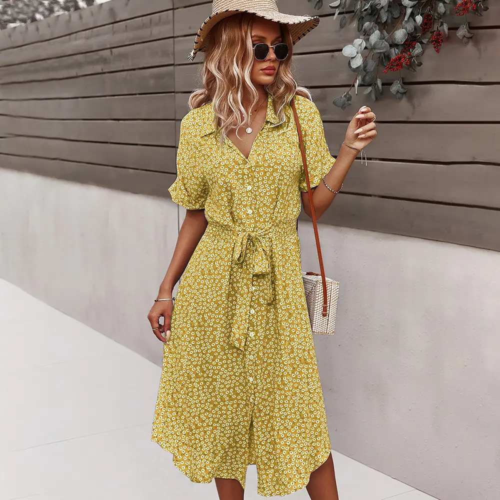 2021 Vintage Sommer Damenmode A-Linie Casuales Beach wear Kleider Button Down V-Ausschnitt Blumen seil Tiered Flare Dress Shirt