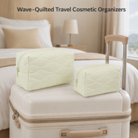 Ensemble de trousses de maquillage matelassées en coton, 2 tailles, crème, avec points ondulés, pochette cosmétique, trousse de toilette de voyage avec fermeture éclair pour femmes