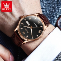 OLEVS 9932 Chiffre Romain Cadran Noir Diamants Design Mouvement Automatique Montre Lumineuse Étanche 3BAR Bracelet en Cuir Véritable