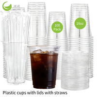 ZFCUP Vente en gros 100 sets de gobelets jetables avec couvercles plats et pailles, transparents, biodégradables, en plastique, 16 oz, pour boissons glacées