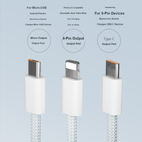 Câble de charge 3-en-1 3M USB-C vers Micro USB 8 broches, tressé en nylon, charge rapide 6A pour téléphone Android 100W, 1,8M, vente en gros OEM