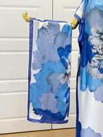 Robe Abaya élégante + Foulard Imprimé Floral Bohème Léger en Satin Cache-maillot de Plage Robe de Vacances Femme Bleue
