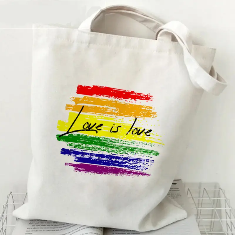 LGBTQ Love is Love borsa di tela con stampa personalizzata lettere arcobaleno borsa di tela regalo Gay Pride