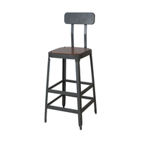 Tabouret de bar à dossier bas avec assise en bois et structure métallique, style industriel, pour cuisine, îlot, café, restaurant, pub, vente en gros