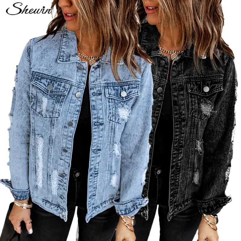 Wholesale Fashion Casual Ripped Distressed Vintage Washed Women Jean Denim Jackets