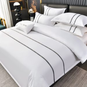 Vente flash : Ensemble <span class=keywords><strong>de</strong></span> literie d'hôtel en coton blanc avec bordure brodée double gris foncé, logo personnalisé accepté - Product Image 1