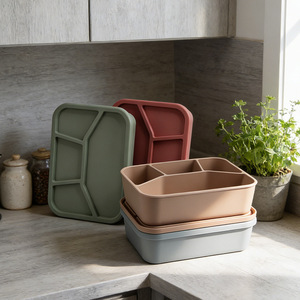 Silicone Compartmentalized Lunch Box With Lid Rectangle 4-Compartment Bento Box For Camping <b>Refrigerator</b> Microwave Safe - Product Image 3