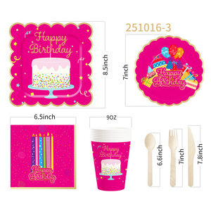 DAMAI Hot Pink Happy Birthday Party Theme Table Decorations Kit Disposable <b>Paper</b> Plates Banner Napkin Party Tableware Set - Product Image 5