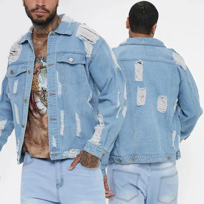 Wholesale fashion casual designer mens clothing spring fall cotton blue jean coat custom ripped denim men's jackets