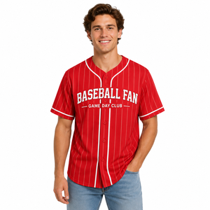 Maillot de baseball personnalisé en coton à manches courtes avec rayures rouges, nom et numéro d'équipe personnalisés, boutons sur le devant, été - Product Image 2