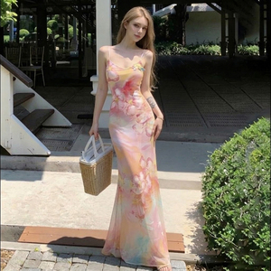 เดรสยาวทรงเมอร์เมดพิมพ์ลายดอกไม้สีสันสดใส สายเดี่ยว ดีไซน์เซ็กซี่เข้ารูป สไตล์วันพักผ่อน - Product Image 4