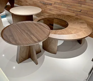 JS T170后期2023新款客厅茶几套装圆形木桌钢化玻璃中胡桃木色边桌