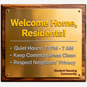 Panneau de dortoir et de résidence avec message de bienvenue chaleureux et règles communautaires pour les espaces de vie étudiants - Product Image 1