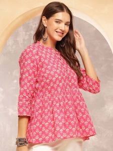 Top de algodón con cuello mandarín estampado con motivos étnicos para mujer - Product Image 3