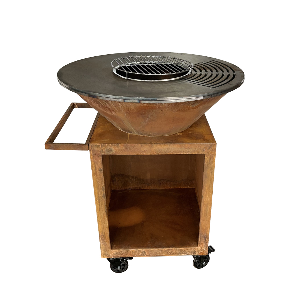 Wholesale Hot Style Heavy Duty Thanksgiving Cooking Fire Pit Wood Burning Rusty Corten Steel Brasero Plancha with Log Storage
