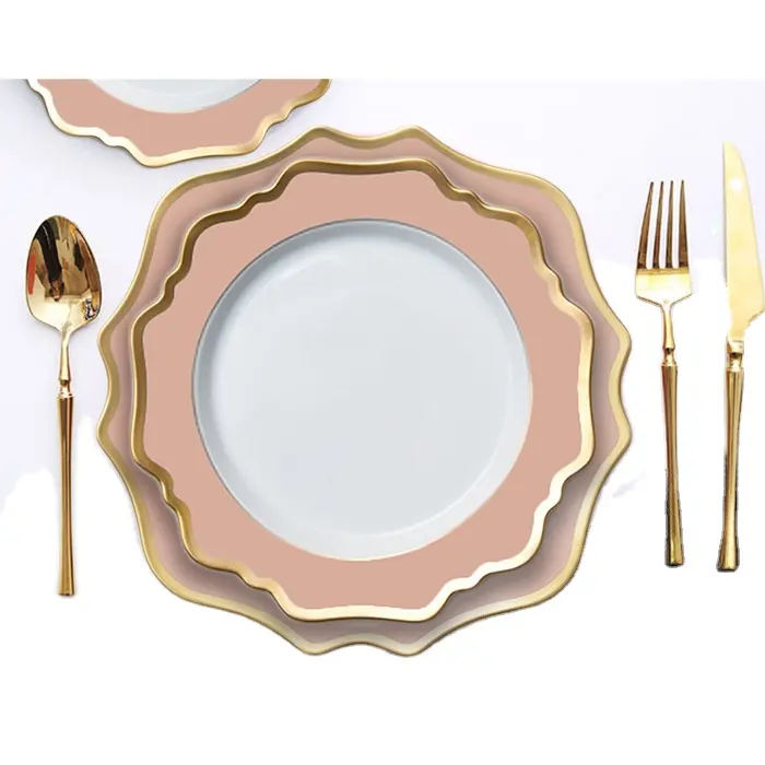 hot sale New Type Popular pink circle fine porcelain rimmed Pattern with gold edge Custom Dinnerware Nordic Ceramic Plate