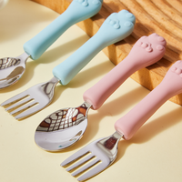 Ensemble fourchette et cuillère pour enfants Meitai en forme de patte de chat, sans BPA, en silicone et acier inoxydable, antidérapant, lavable, pour les tout-petits