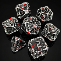 Jeu de dés mécaniques écologiques faits à la main en alliage de zinc massif, 7 pièces, gravés, polyédriques, DND Dungeons, motif taches de sang argentées, de style affûté