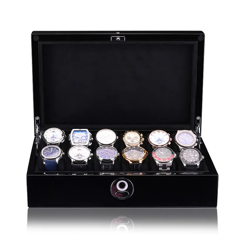 Custom Luxury 6 8 12 Grids PU Leather High Quality Mens Mechanical Fingerprint Wooden Watch Display Box for Rolex