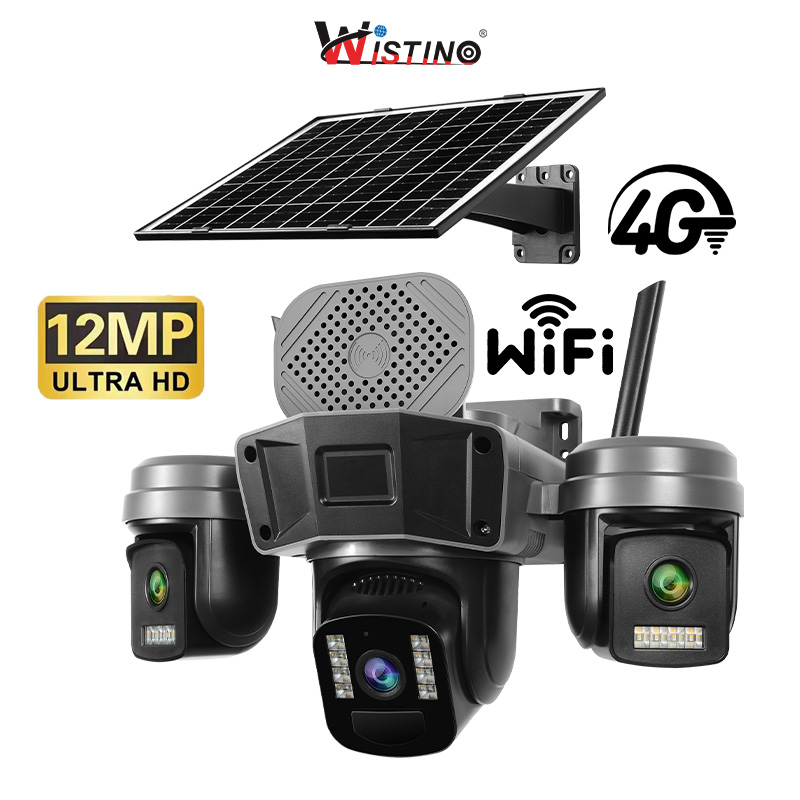 Wistino 12MP UHD наружная камера безопасности 360 ° Панорамное автоматическое обнаружение с тремя объективами с тремя экранами Wifi 4G Солнечная камера видеонаблюдения