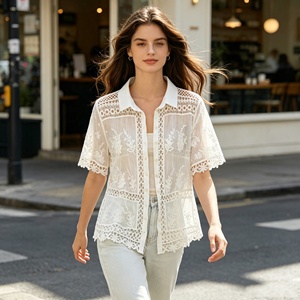 <strong>White</strong> Knitted Vintage Lace Crochet Short Sleeve <strong>Shrug</strong> for <strong>Women</strong> Hollow Casual Shirt Boho Summer Beach Holiday - Product Image 1
