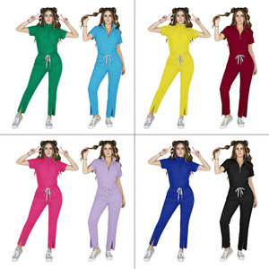 Women Hospital Scrub Suit Short Sleeve Zip Up <b>Pants</b> Set Moisture Wicking Knitted Split Set <b>Work</b> Uniform - Product Image 2