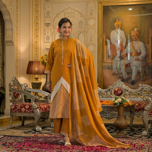 Ensemble Salwar Kameez pour femmes en coton moutarde à séchage rapide, imprimé numérique, style Katha Work, vêtements décontractés traditionnels, style Inde Pakistan - Product Image 1