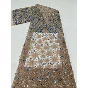 Tela de encaje de flores de diamantes de imitación negros, tela de encaje de tul bordado de lujo, tela de encaje de vestido de noche bordado de cuentas y lentejuelas - Product Image 6