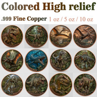 Pièce de monnaie en cuivre pur 999 de 1 oz, série Dinosaures, Tyrannosaurus Rex puissant, couleur en relief, édition UV préférée