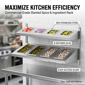 2 Tier Wall Mounted Stainless Steel GN <b>Pan</b> Rack, Upper 1/6 GN & Lower 1/3 GN Slots Commercial Ingredient <b>Holder</b> for Kitchen - Product Image 1