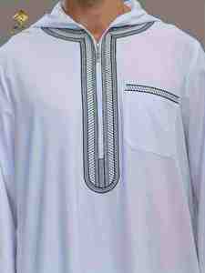 Al Haramain Men's White Thobe Long Sleeve Embroidered Cotton Prayer Wear <b>Floor</b> Length Casual Style - Product Image 2