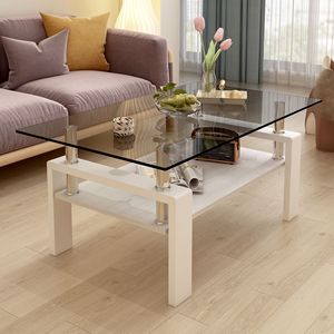 Table basse rectangulaire DB de style ferme moderne avec plateau en verre trempé gris et couche MDF pour le salon - Product Image 2