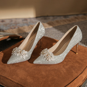 6681-32 Sexy Pointed <b>Toe</b> Stiletto Heel Wedding Shoes Flower Decoration Fashion Trend Slip-On Bride Dress Shoe - Product Image 1