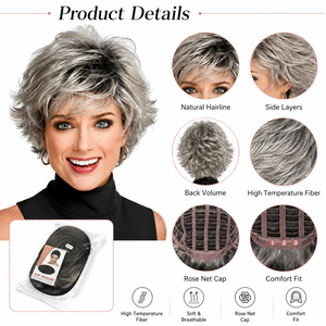 <span class=keywords><strong>Perruque</strong></span> Courte Bouclée Effet Flip-Out Noir Gris Argenté Dégradé Fibre Résistante à la Chaleur Frange Latérale Femme OEM - Product Image 2